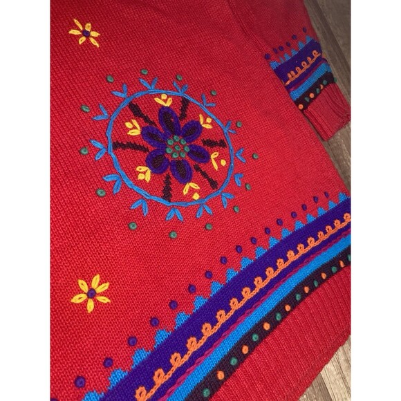 Vintage 80s Red Turtleneck Sweater Women L Chunky Bold Embroidered Shoulder Pads - Picture 3 of 6